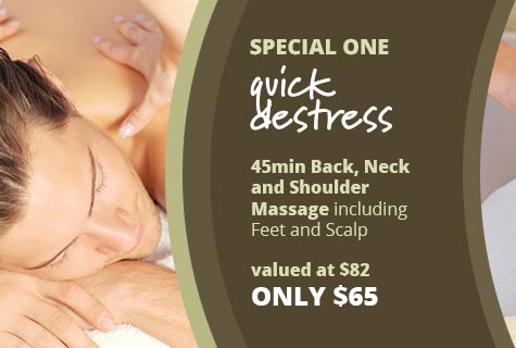 Special 1 - The Quick De-Stress, 45min Back, Neck and Shoulder Massage inc. feet and scalp - only $65, valued at $82 (save $17)