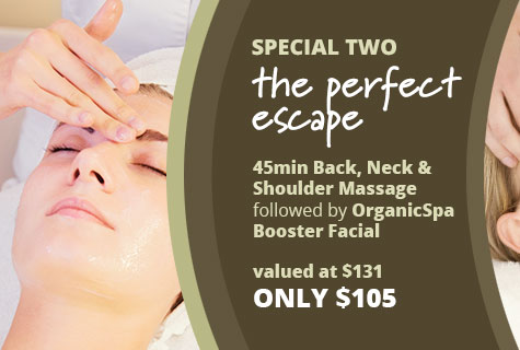 Special 2 - The Perfect Escape, 45min Back Neck and Shoulder Massage followed by Organic Spa Booster Facial - only $105, valued at $131 (save $26)