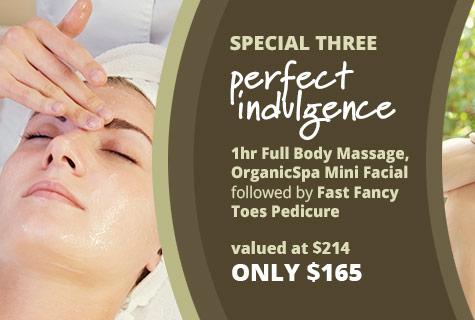 The Perfect Indulgence, Full Body Massage deal, Spa Facial and Pedicure offer